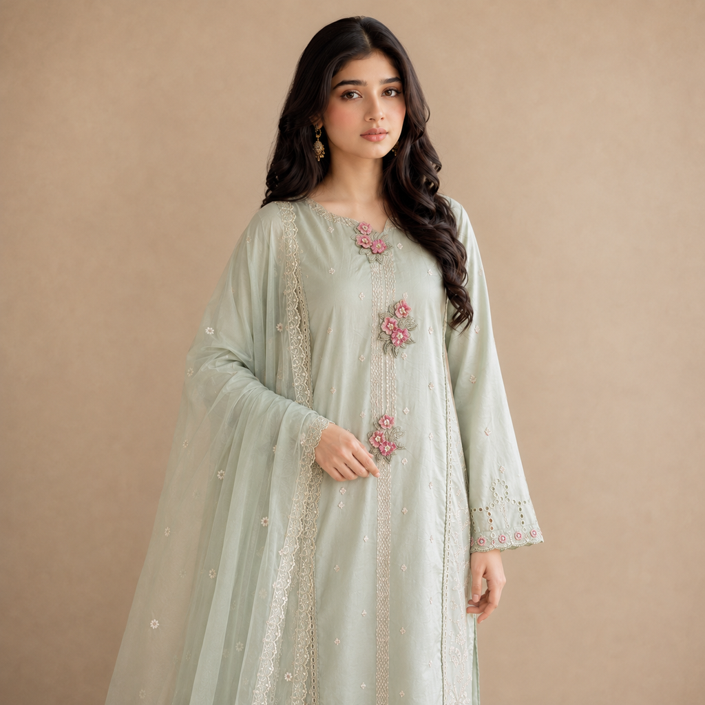 Meher-e-Sabz — Signature Thread Embroidered Cotton 3-Piece