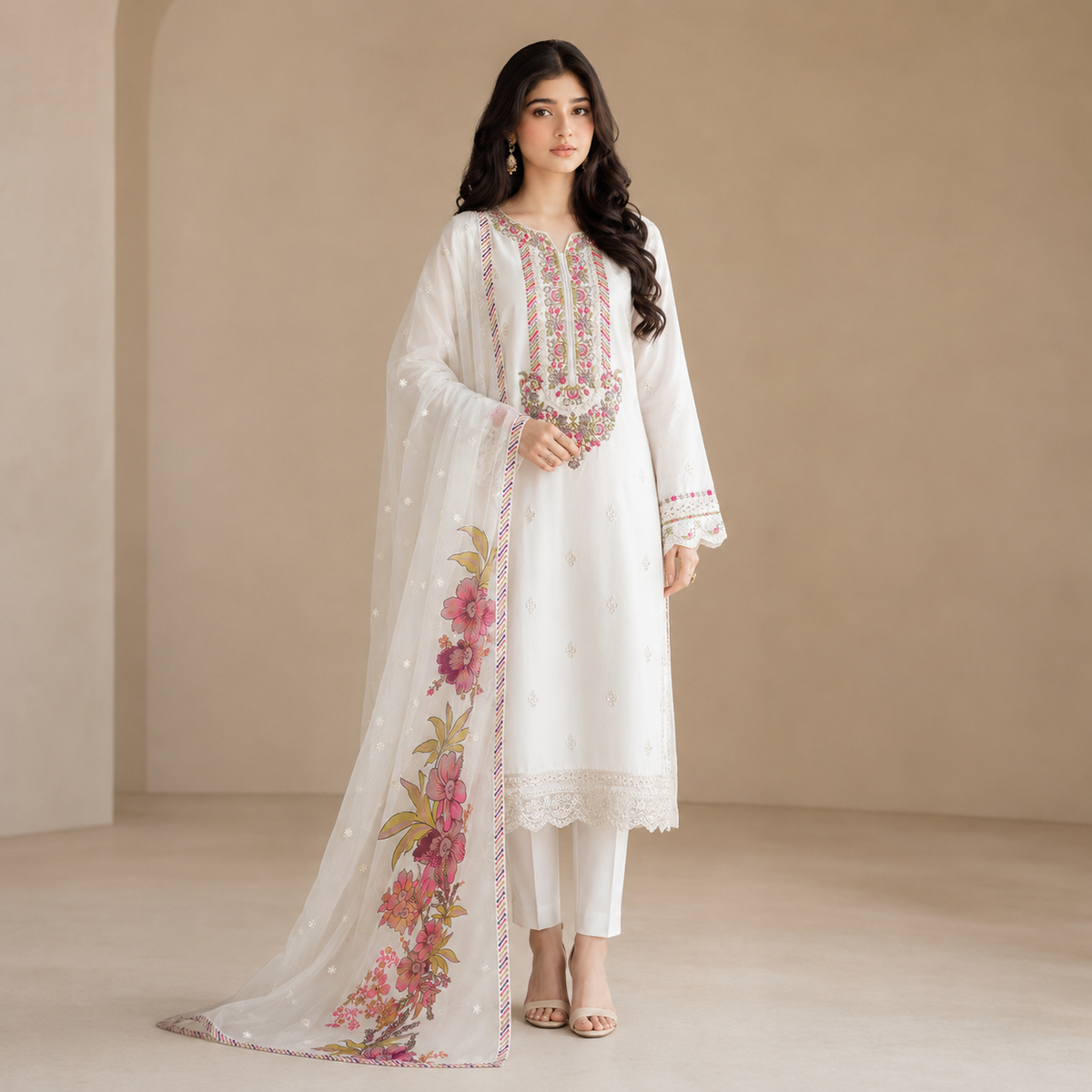 Gulnaar Ivory — Signature Multicolour Embroidered Cotton 3-Piece