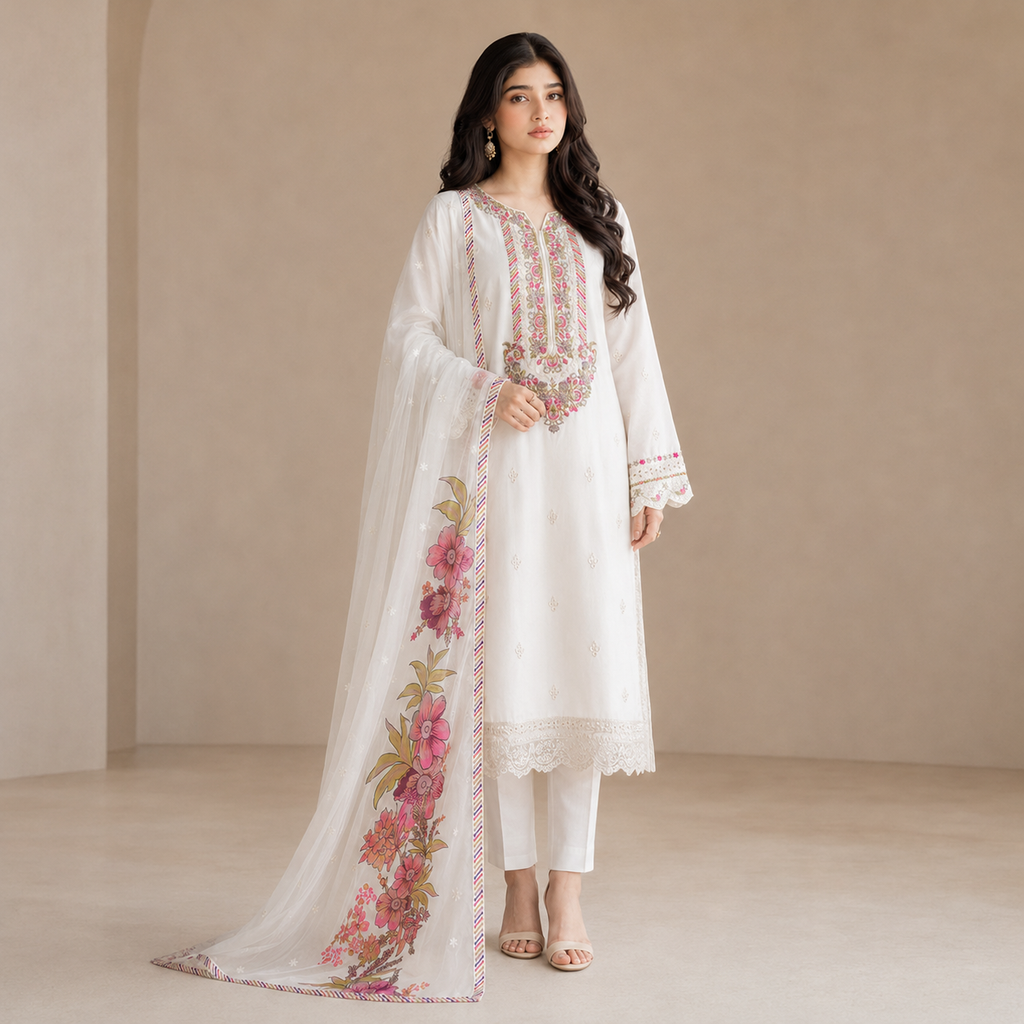 Gulnaar Ivory — Signature Multicolour Embroidered Cotton 3-Piece