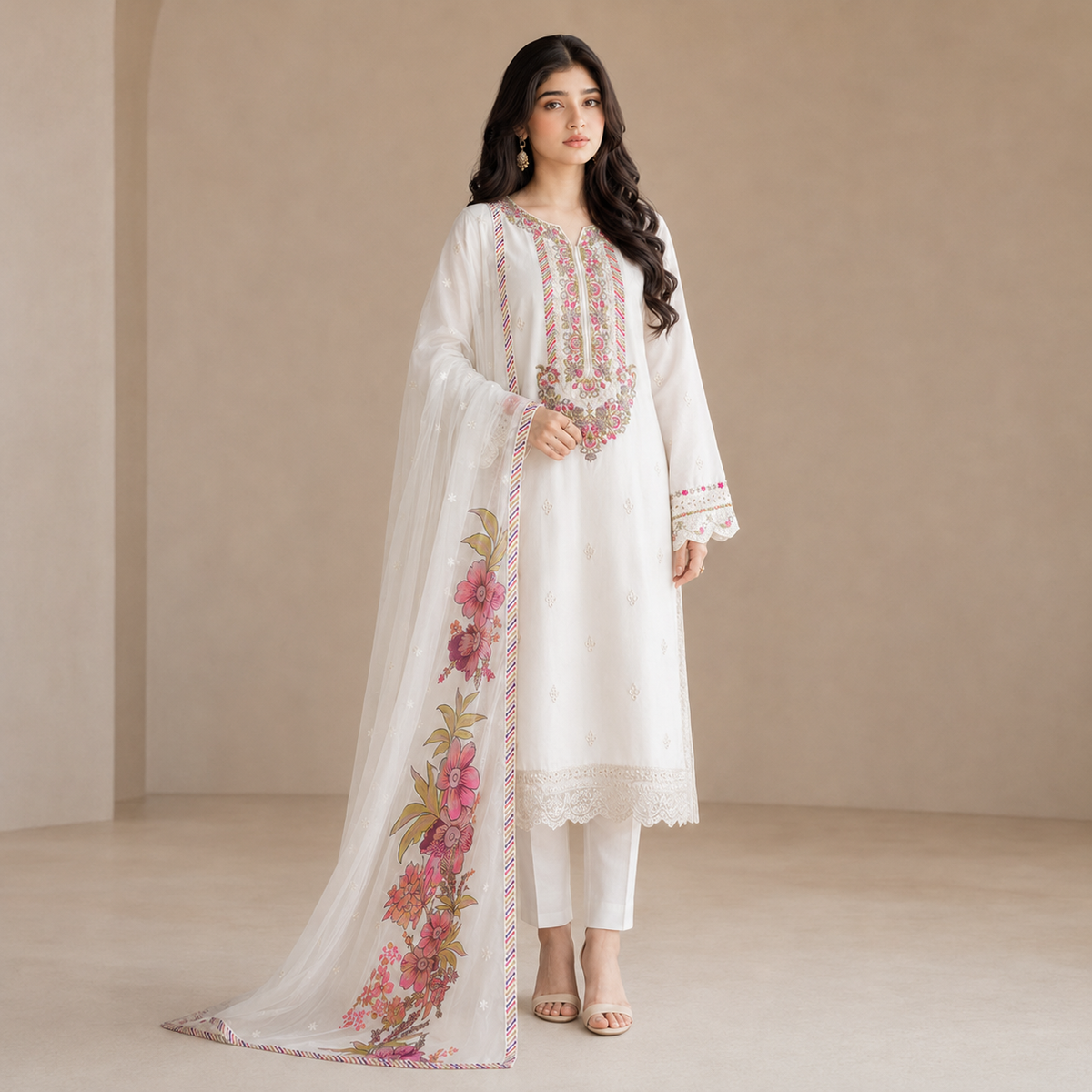 Gulnaar Ivory — Signature Multicolour Embroidered Cotton 3-Piece