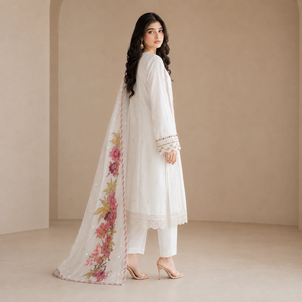 Gulnaar Ivory — Signature Multicolour Embroidered Cotton 3-Piece
