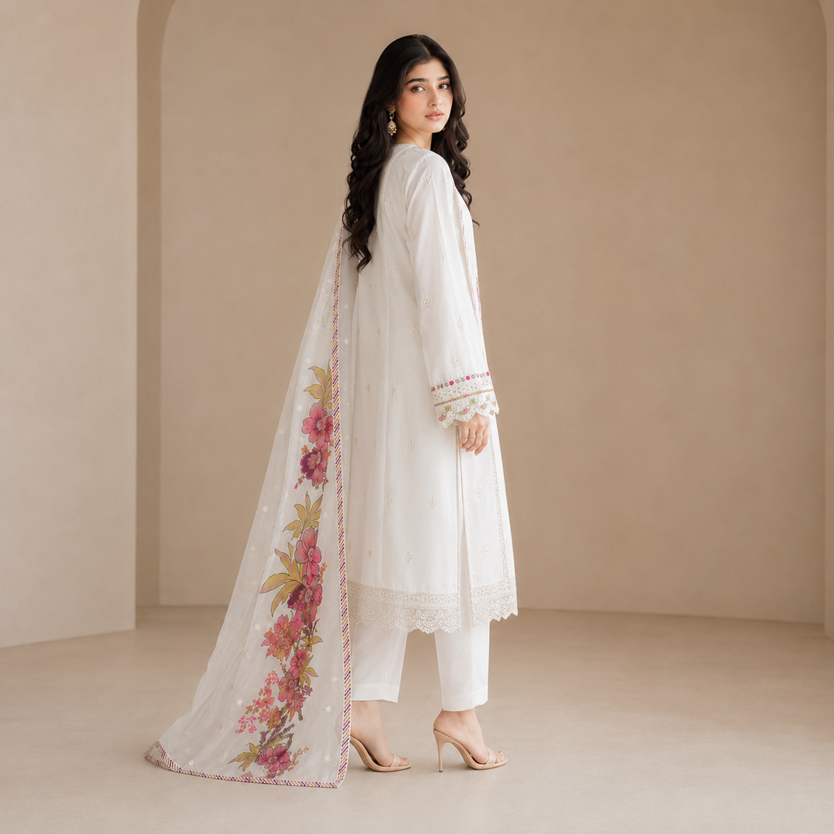 Gulnaar Ivory — Signature Multicolour Embroidered Cotton 3-Piece