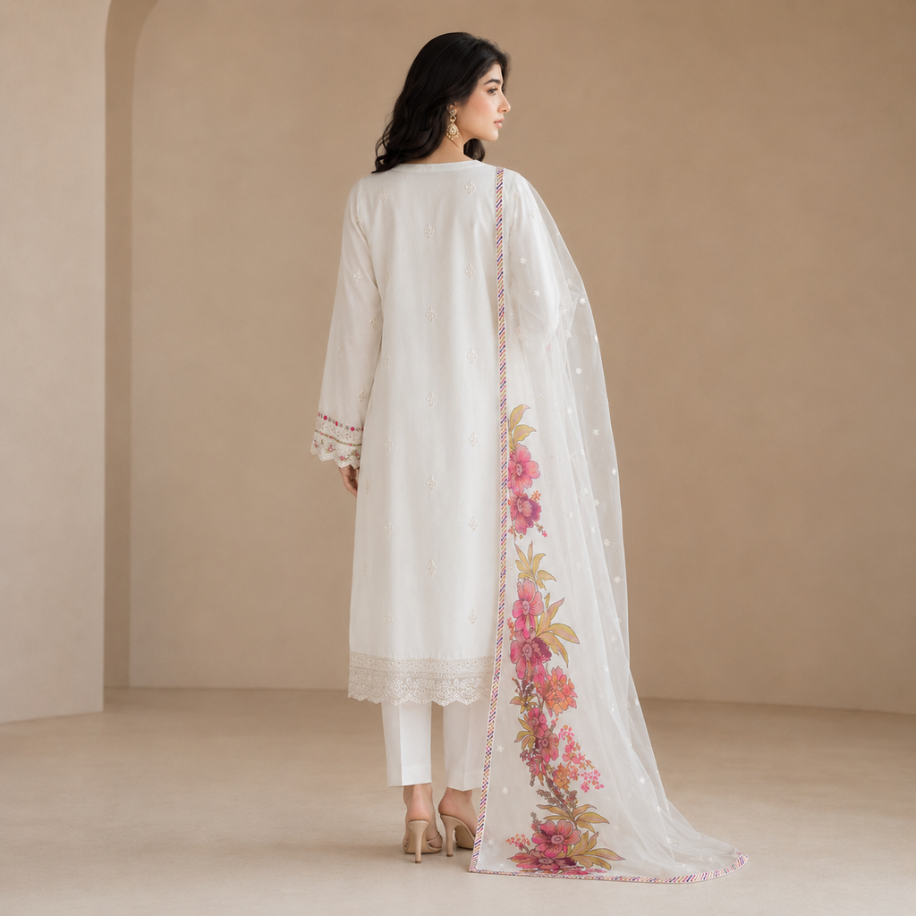 Gulnaar Ivory — Signature Multicolour Embroidered Cotton 3-Piece