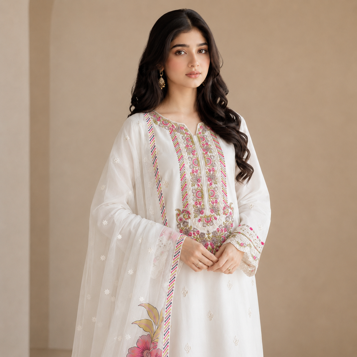 Gulnaar Ivory — Signature Multicolour Embroidered Cotton 3-Piece