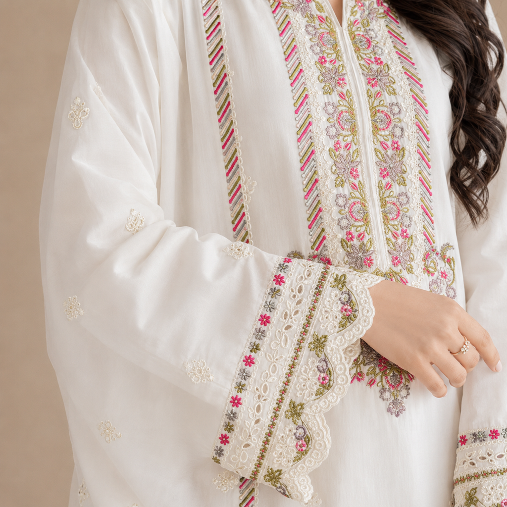 Gulnaar Ivory — Signature Multicolour Embroidered Cotton 3-Piece