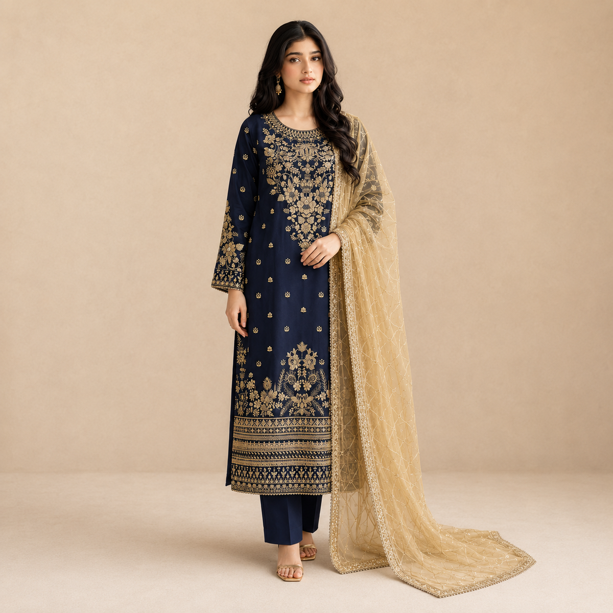 Zarqash-e-Neel — Luxury Zari & Thread Embroidered Cotton 3-Piece