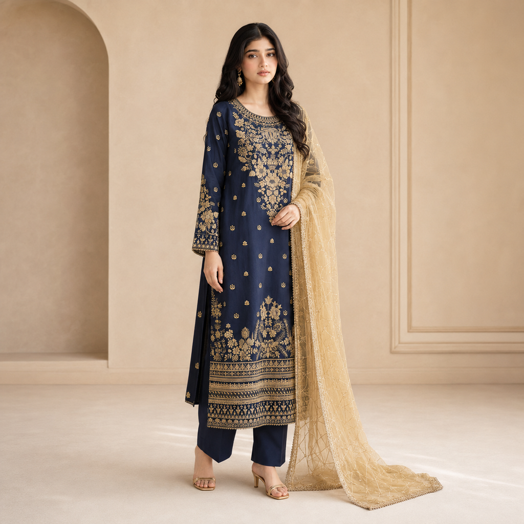 Zarqash-e-Neel — Luxury Zari & Thread Embroidered Cotton 3-Piece