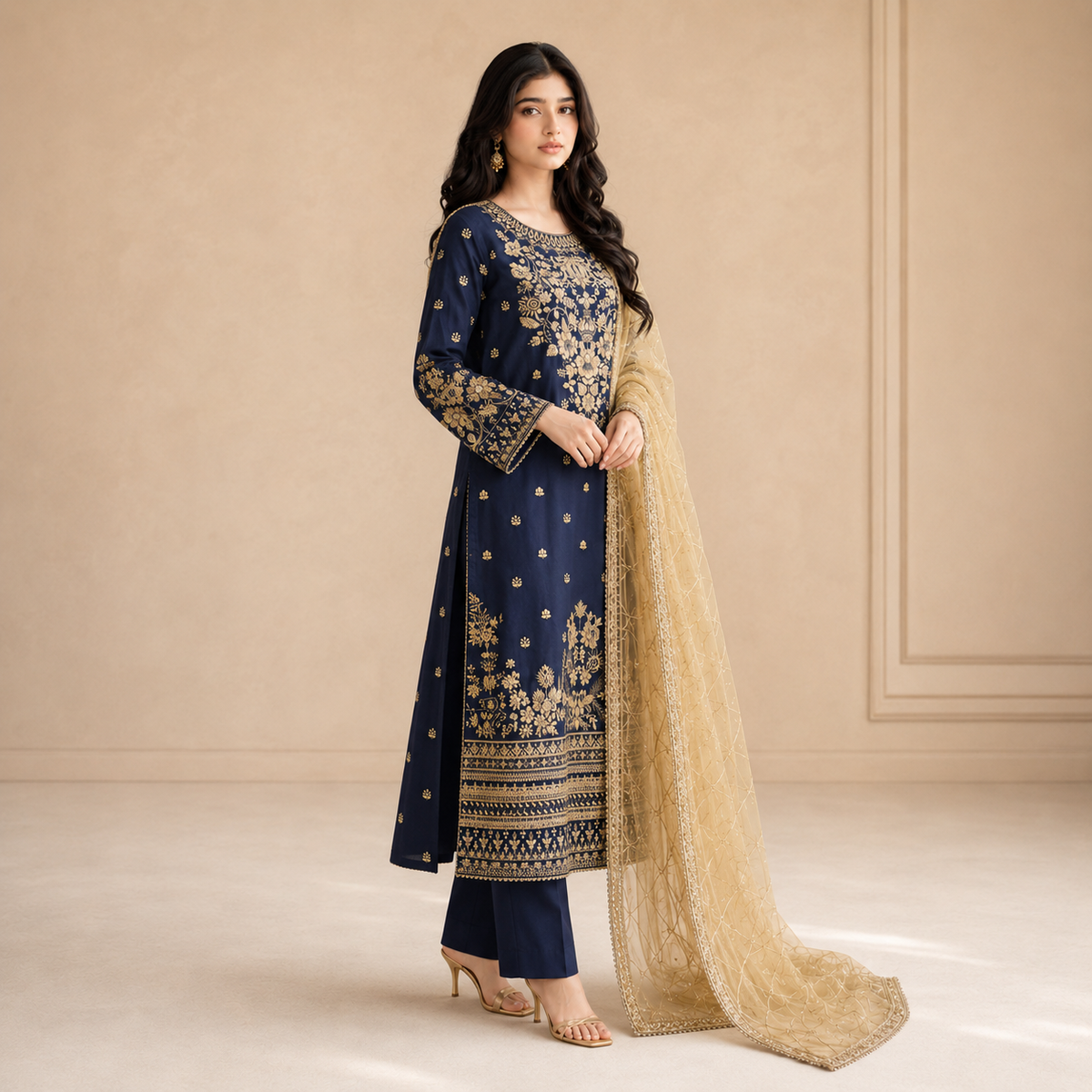 Zarqash-e-Neel — Luxury Zari & Thread Embroidered Cotton 3-Piece