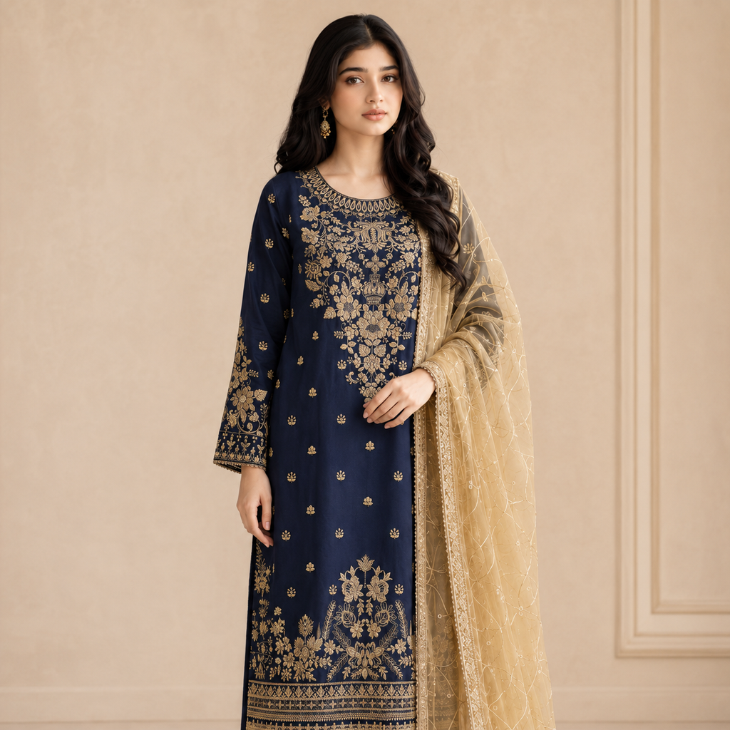 Zarqash-e-Neel — Luxury Zari & Thread Embroidered Cotton 3-Piece
