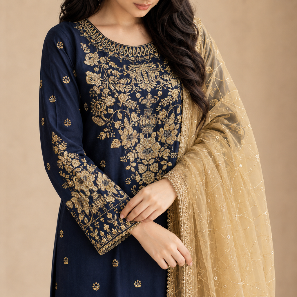 Zarqash-e-Neel — Luxury Zari & Thread Embroidered Cotton 3-Piece