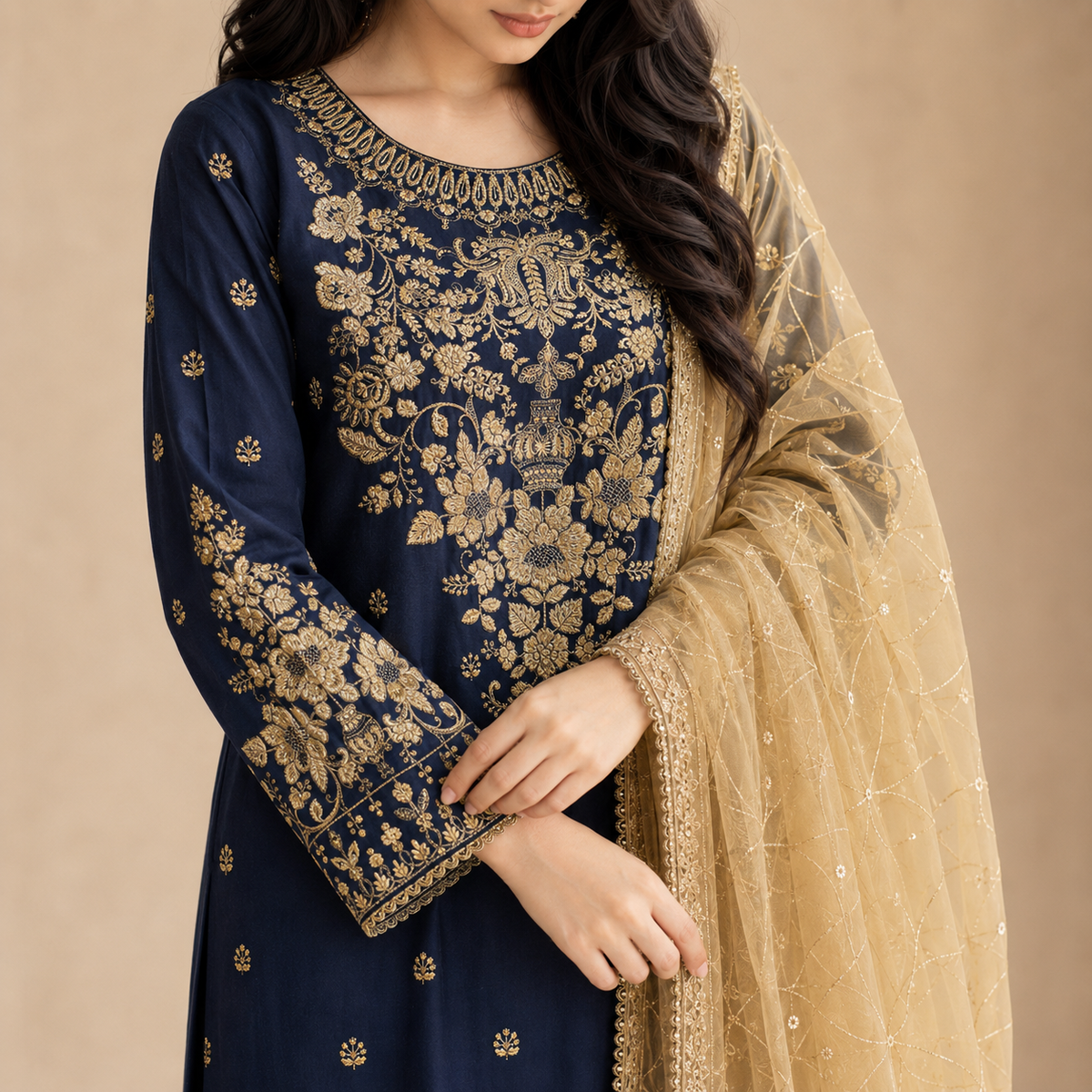 Zarqash-e-Neel — Luxury Zari & Thread Embroidered Cotton 3-Piece