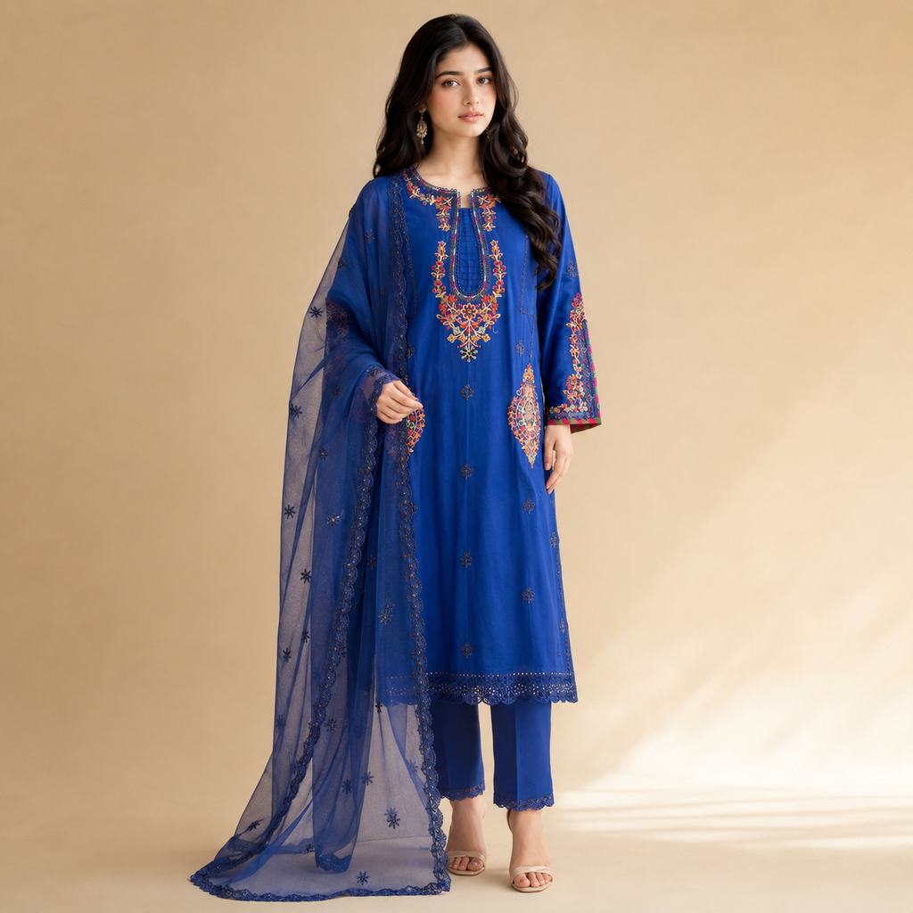 Neel Afsana — Signature Embroidered Cotton Party Wear 3-Piece
