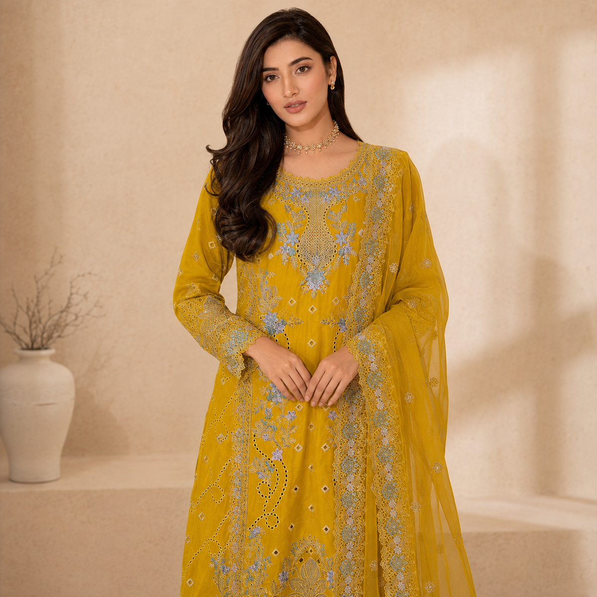 Amber Mehr — Chikankari Embroidered Cotton Party Wear 3-Piece