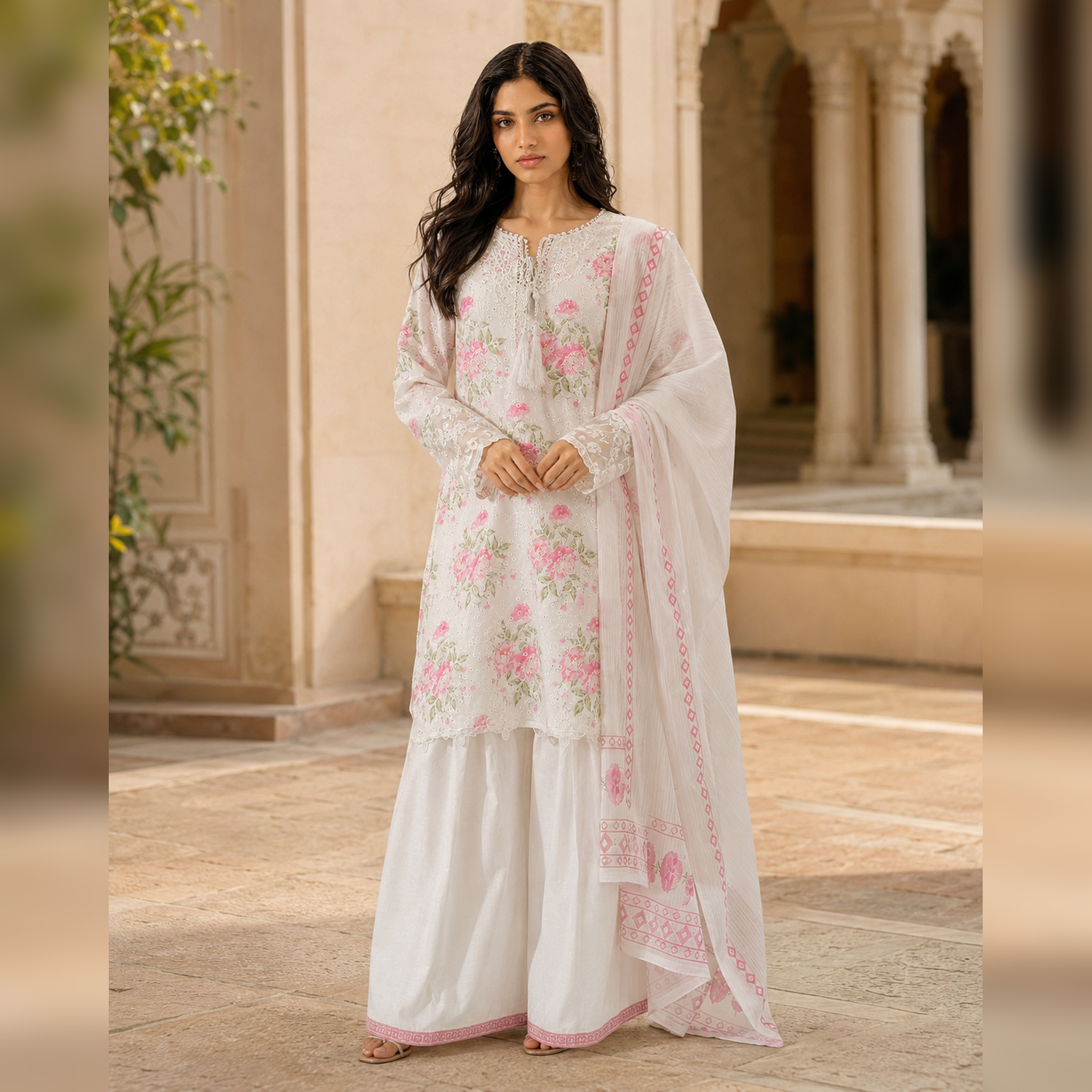Blush Ivory Chikankari Lawn Embroidered Party Wear 3 Piece Suit