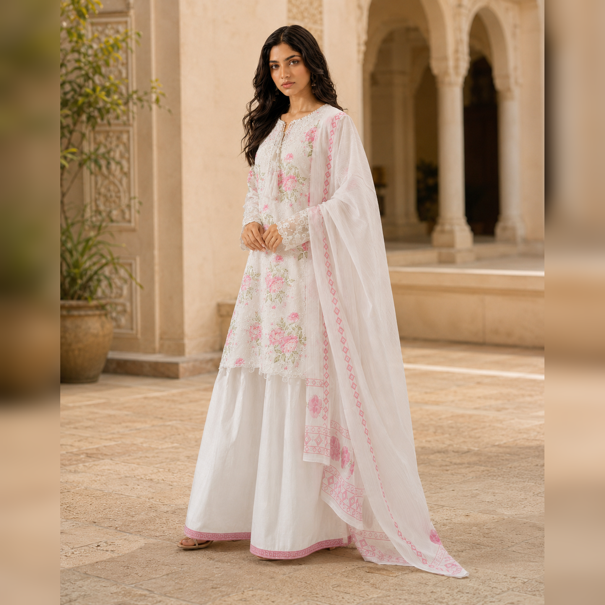 Blush Ivory Chikankari Lawn Embroidered Party Wear 3 Piece Suit