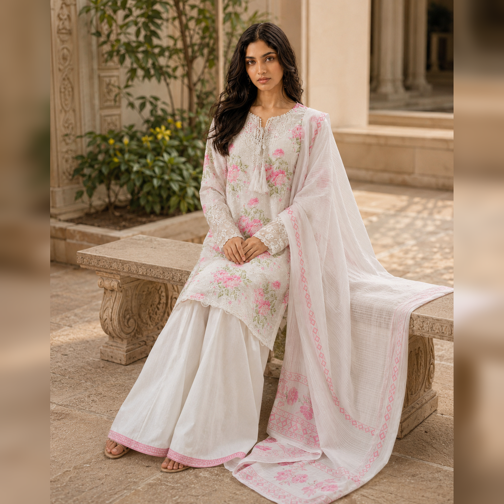 Blush Ivory Chikankari Lawn Embroidered Party Wear 3 Piece Suit