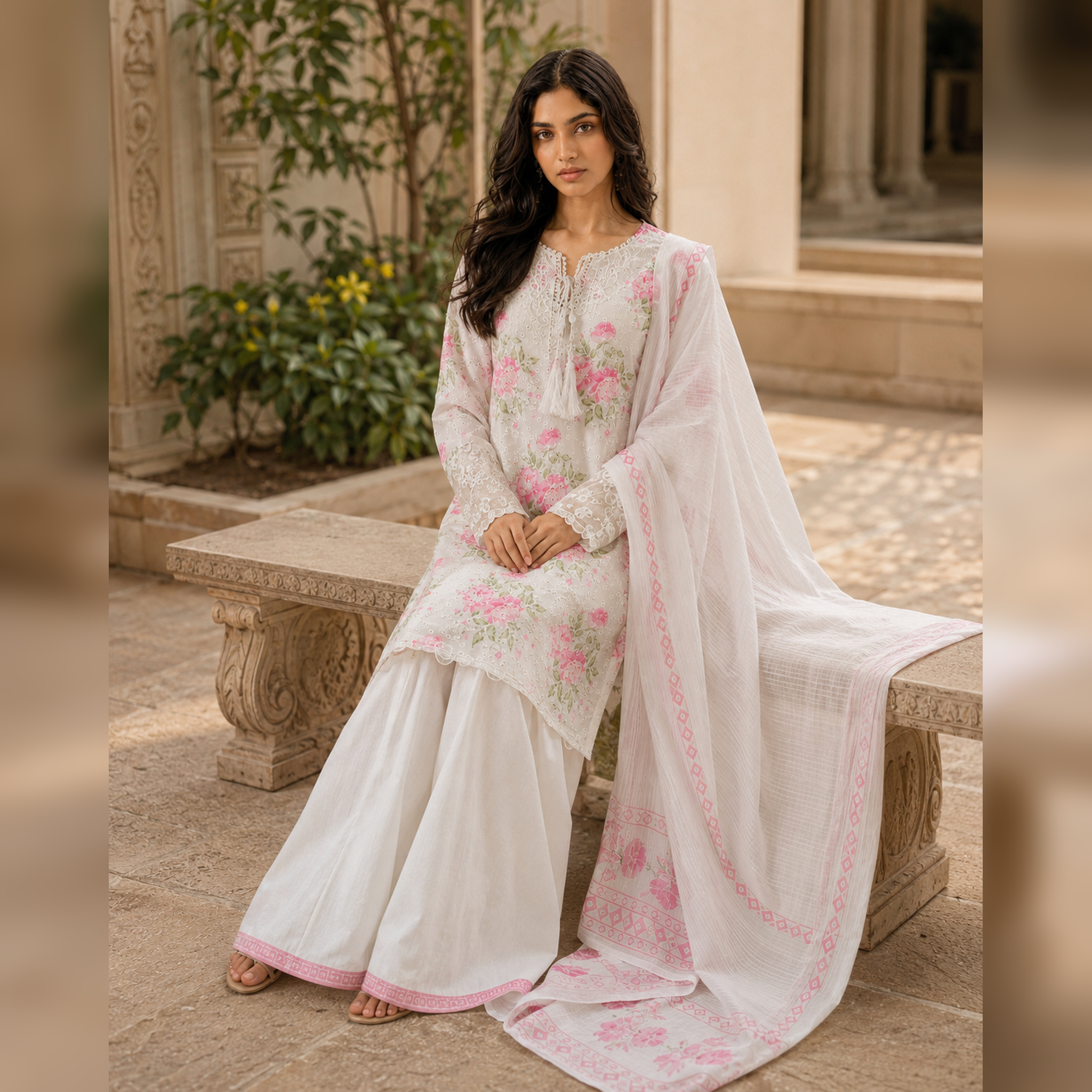 Blush Ivory Chikankari Lawn Embroidered Party Wear 3 Piece Suit