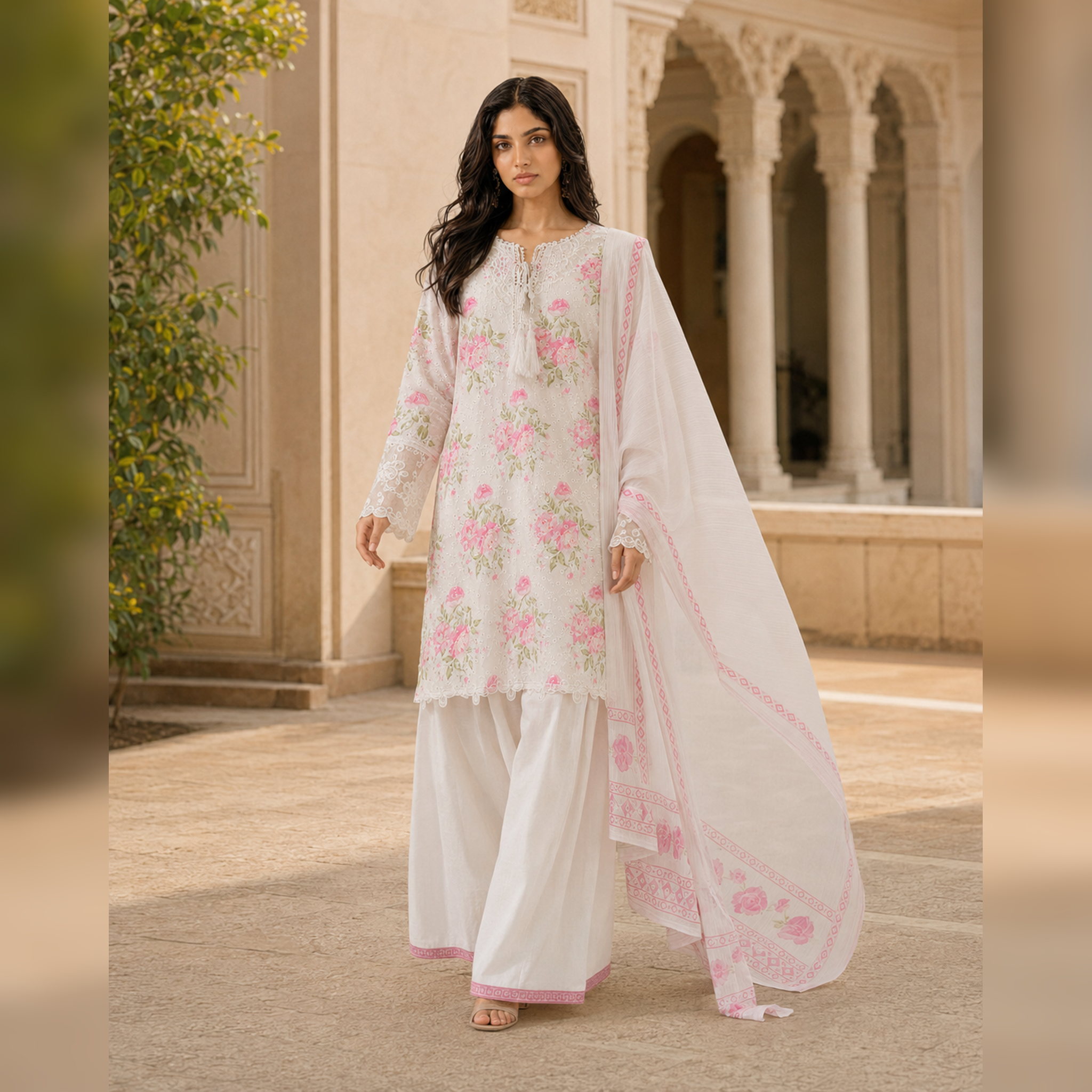 Blush Ivory Chikankari Lawn Embroidered Party Wear 3 Piece Suit