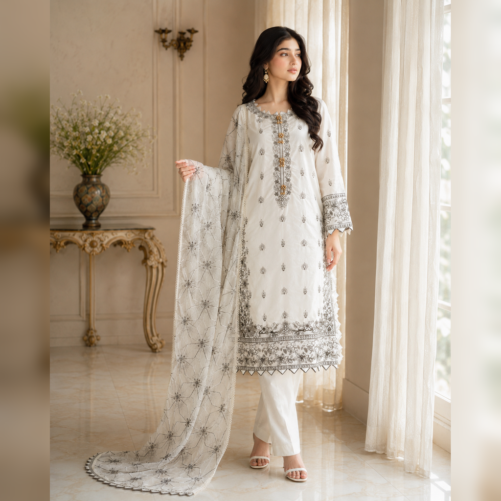 Zar-e-Noor Cotton Embroidered Party Wear Suit – 3 Piece