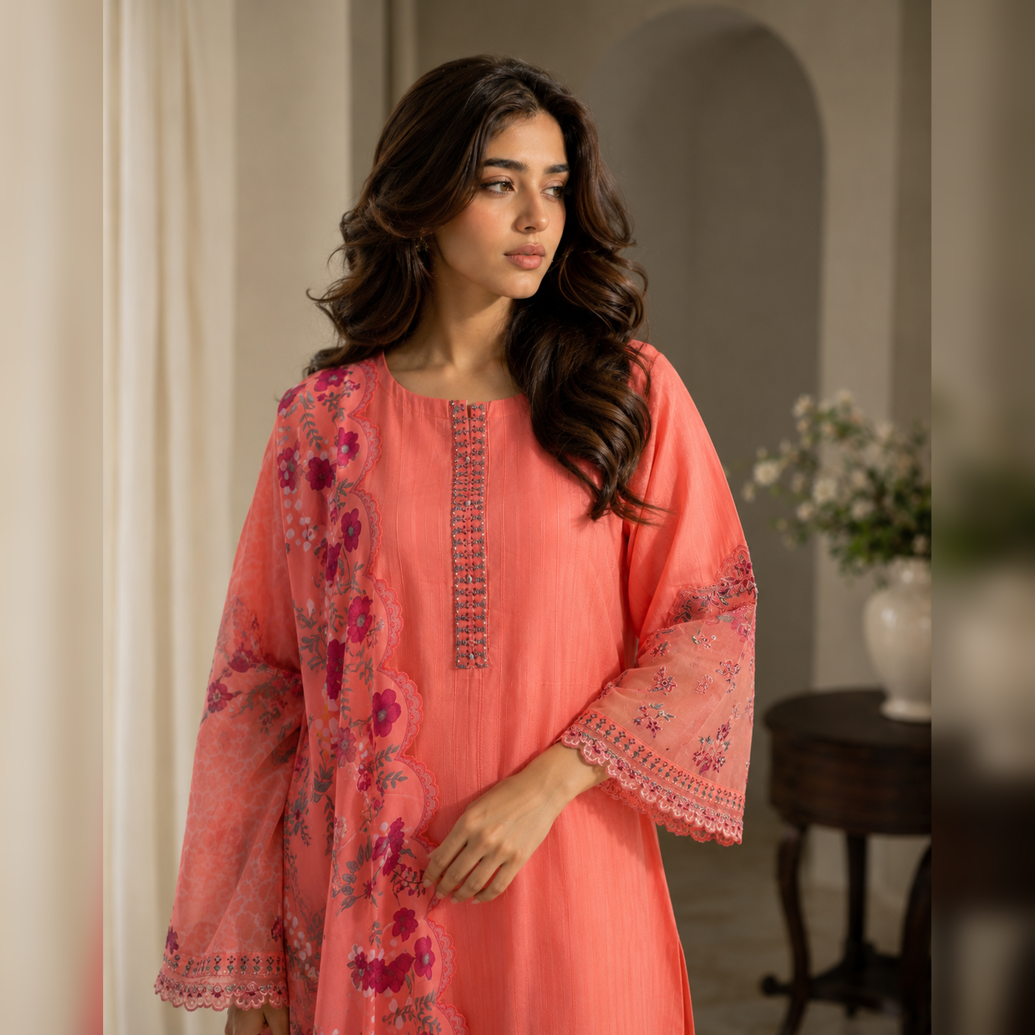 Gul-e-Sehar – Coral Embroidered Cotton 3-Piece Suit