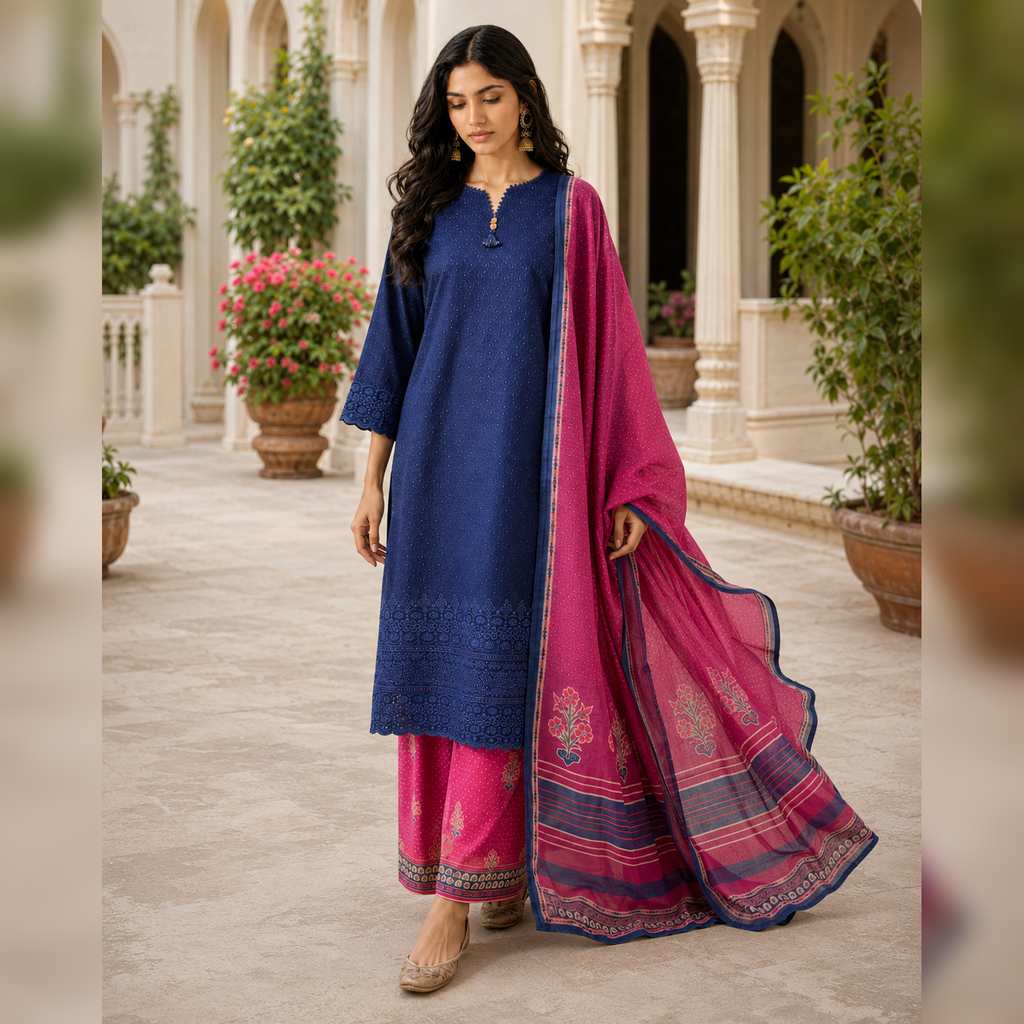 Indigo Gul – Navy Chikankari Lawn 3-Piece Suit