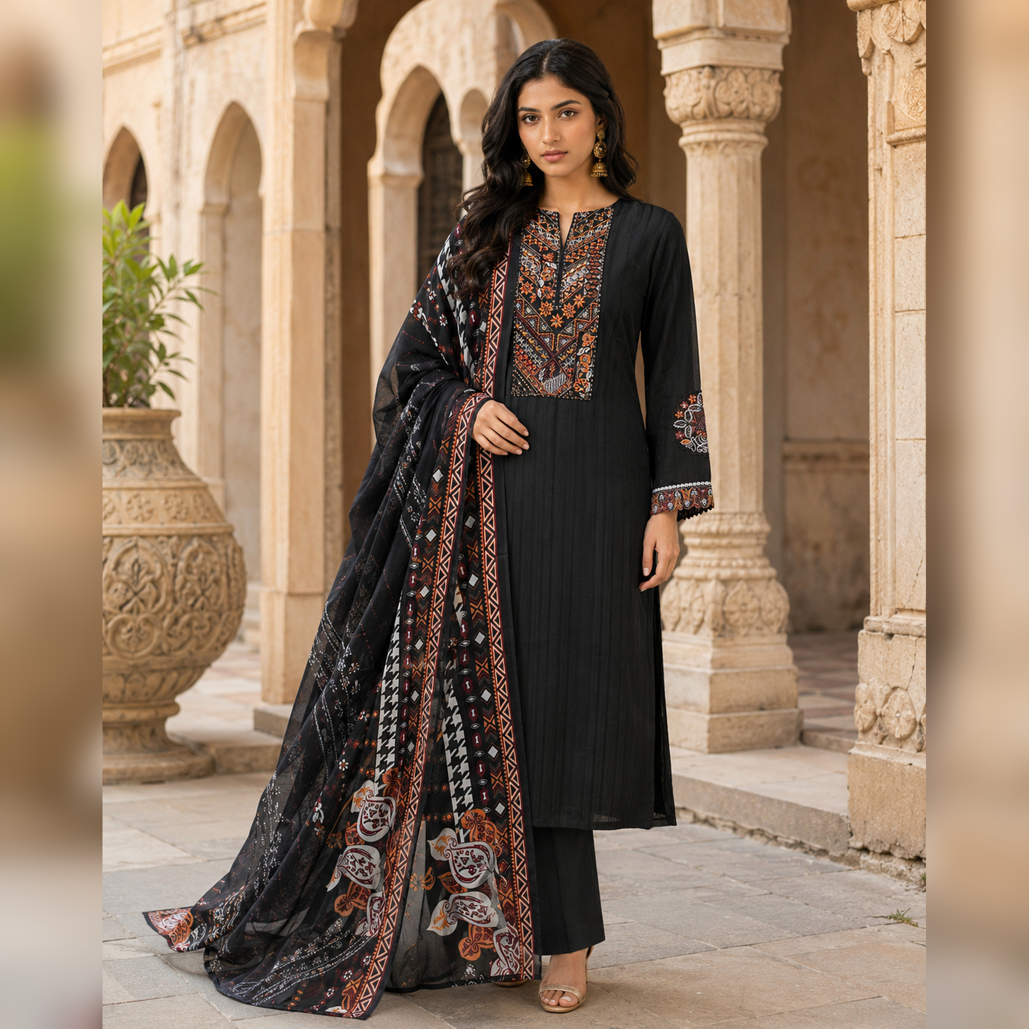 Mehrun Noir Black Printed 3 Piece Casual Suit