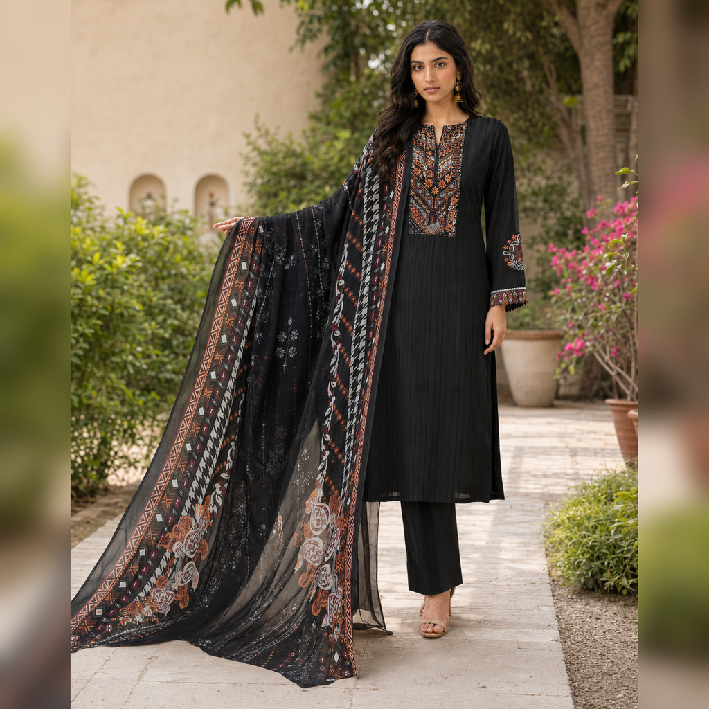 Mehrun Noir Black Printed 3 Piece Casual Suit