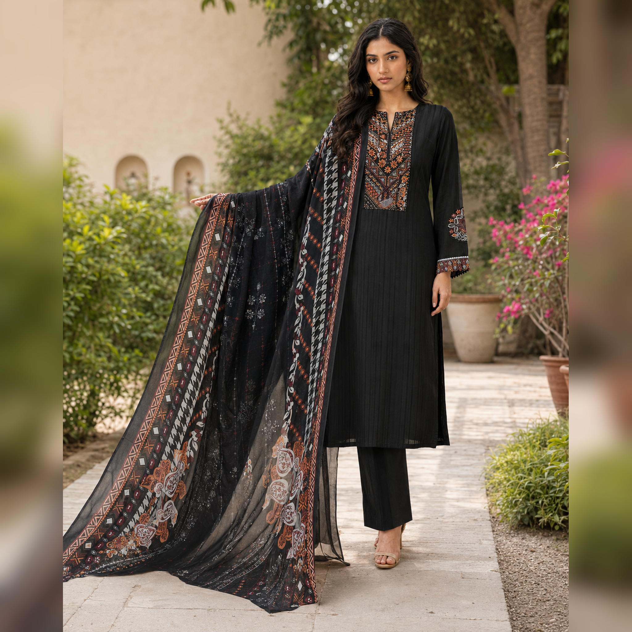 Mehrun Noir Black Printed 3 Piece Casual Suit