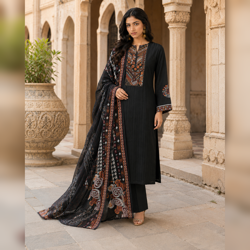 Mehrun Noir Black Printed 3 Piece Casual Suit