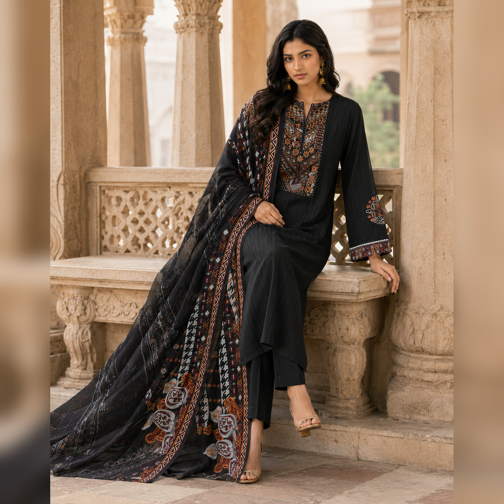 Mehrun Noir Black Printed 3 Piece Casual Suit