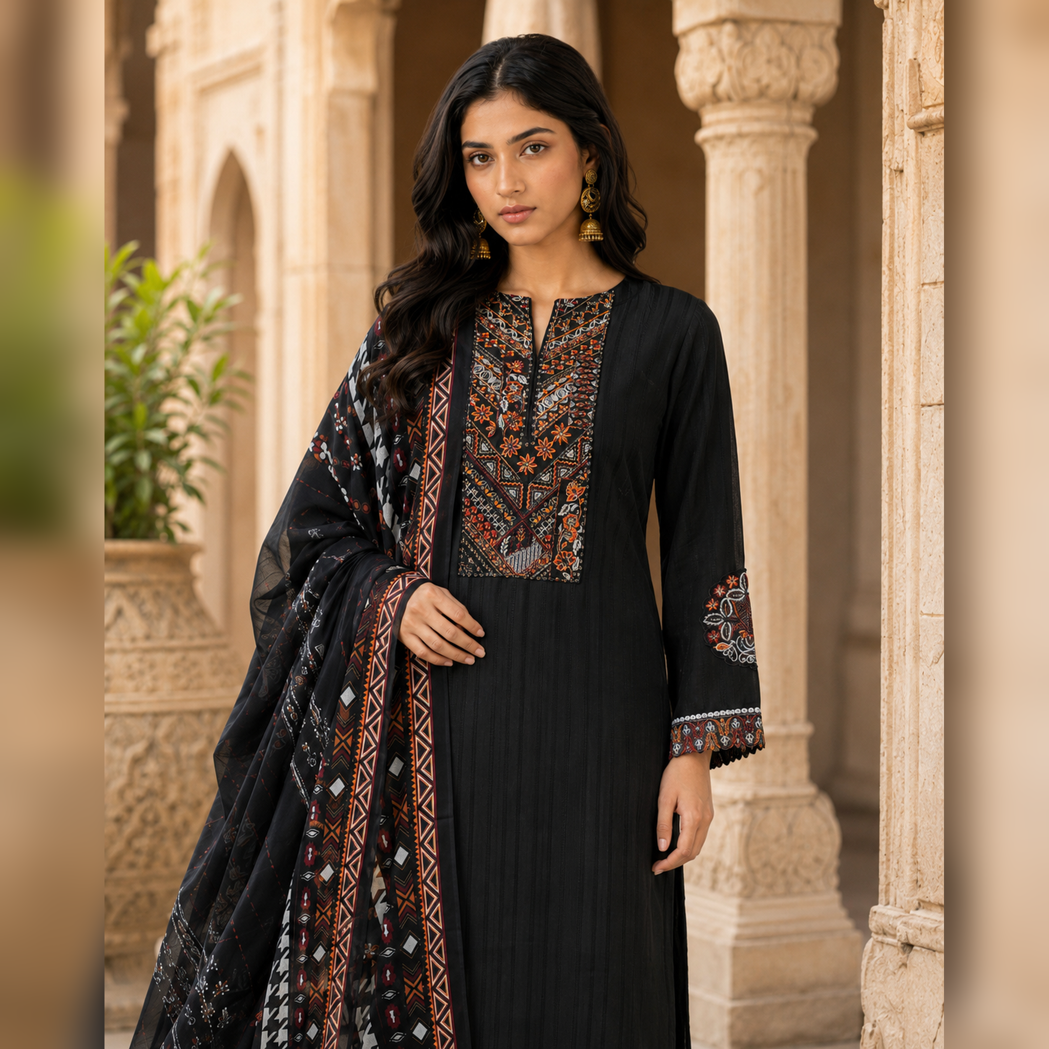 Mehrun Noir Black Printed 3 Piece Casual Suit