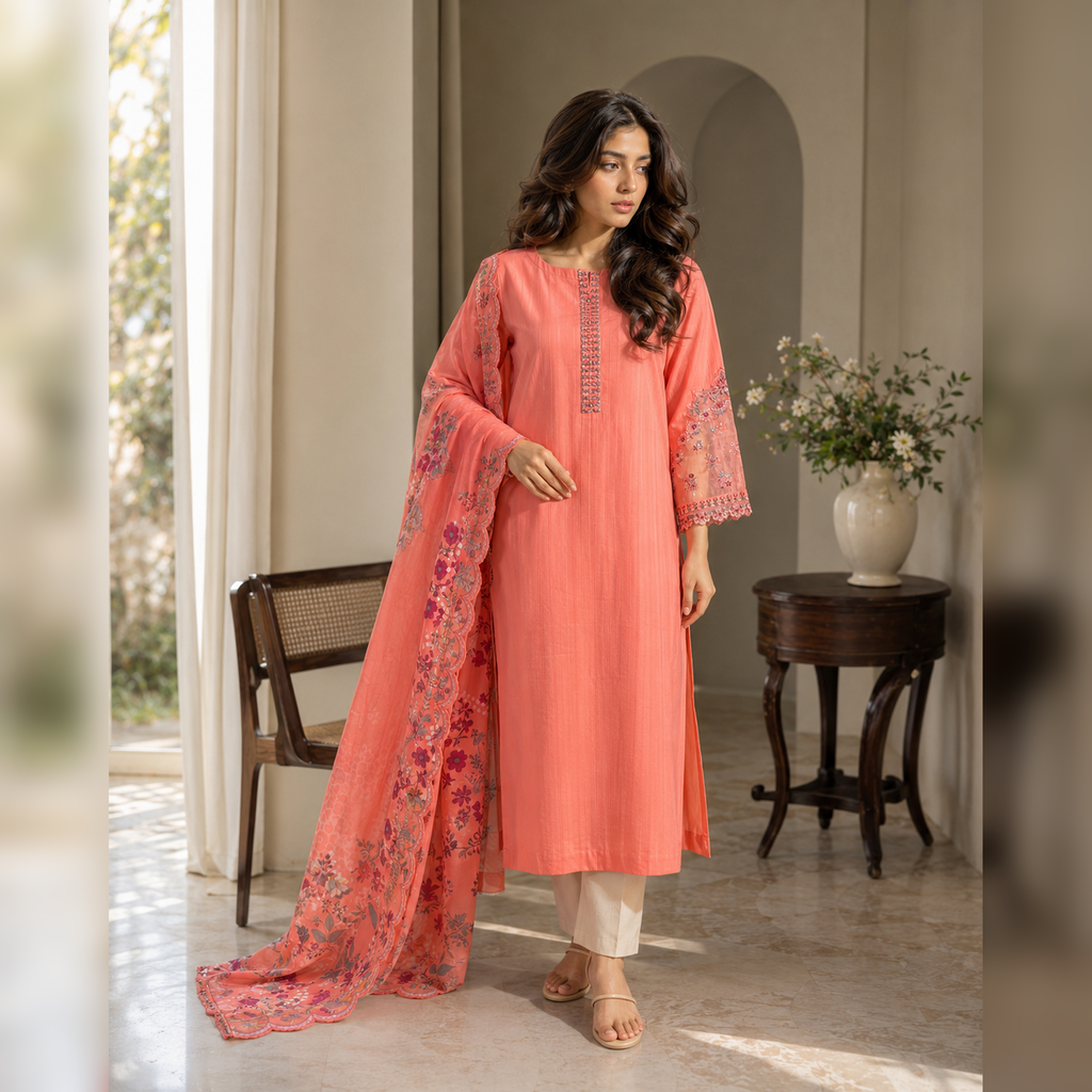 Gul-e-Sehar – Coral Embroidered Cotton 3-Piece Suit