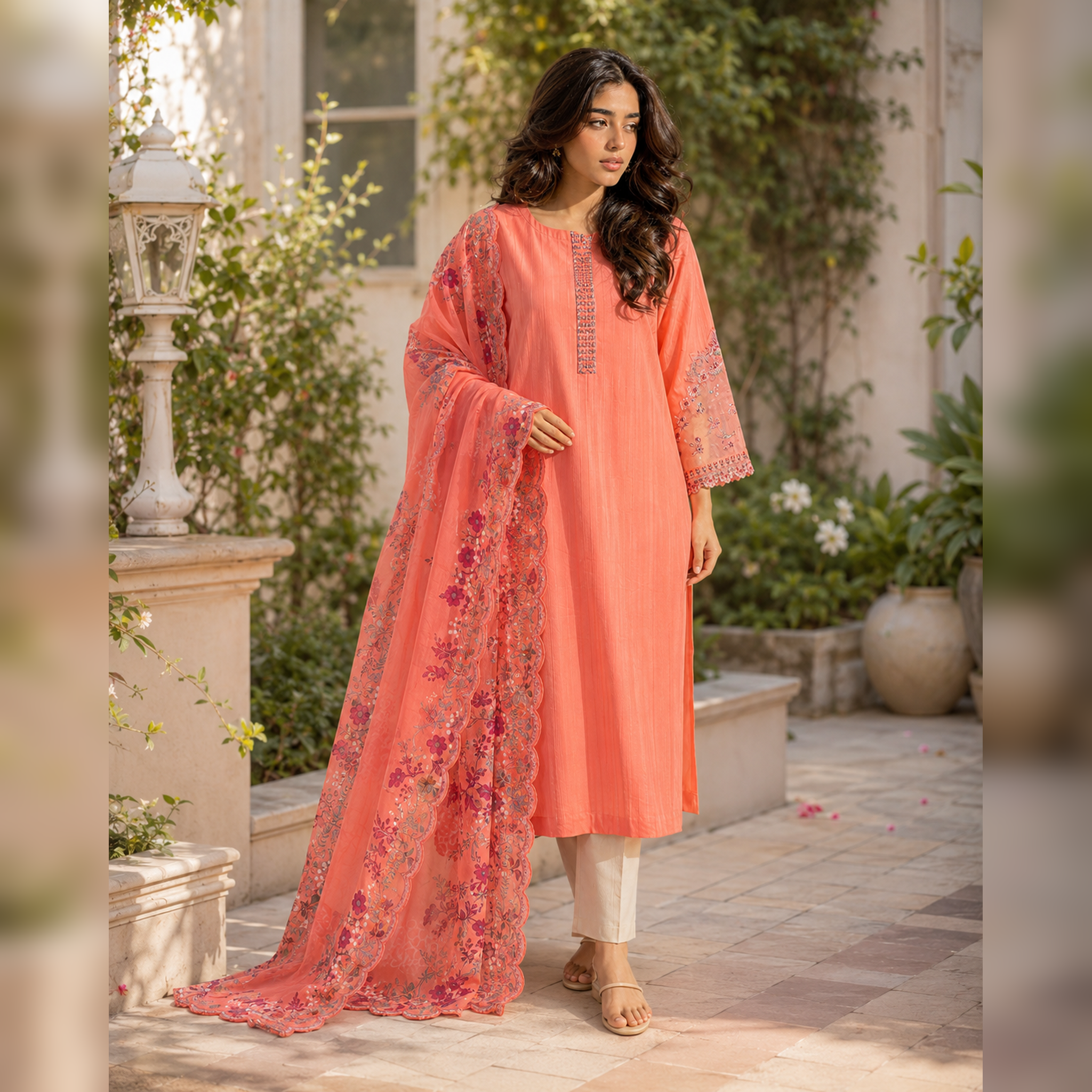 Gul-e-Sehar – Coral Embroidered Cotton 3-Piece Suit