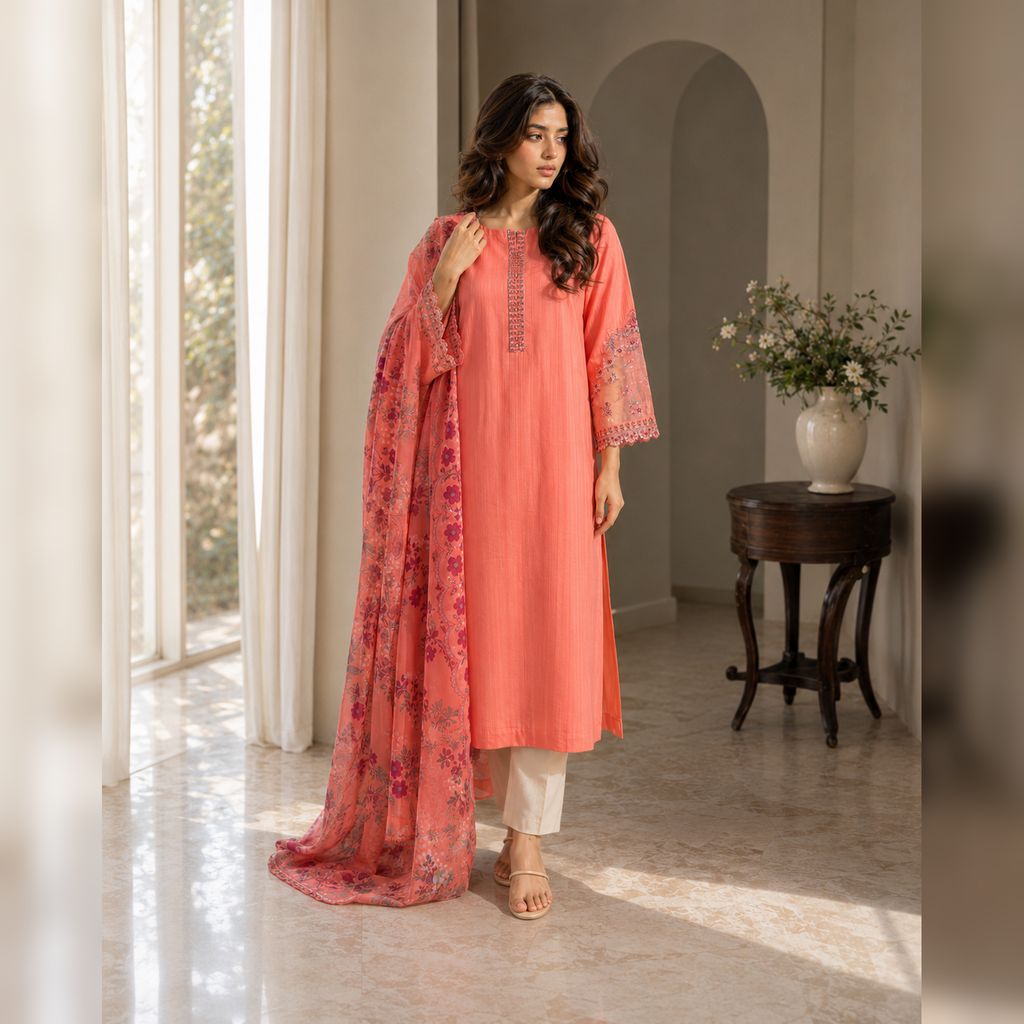 Gul-e-Sehar – Coral Embroidered Cotton 3-Piece Suit