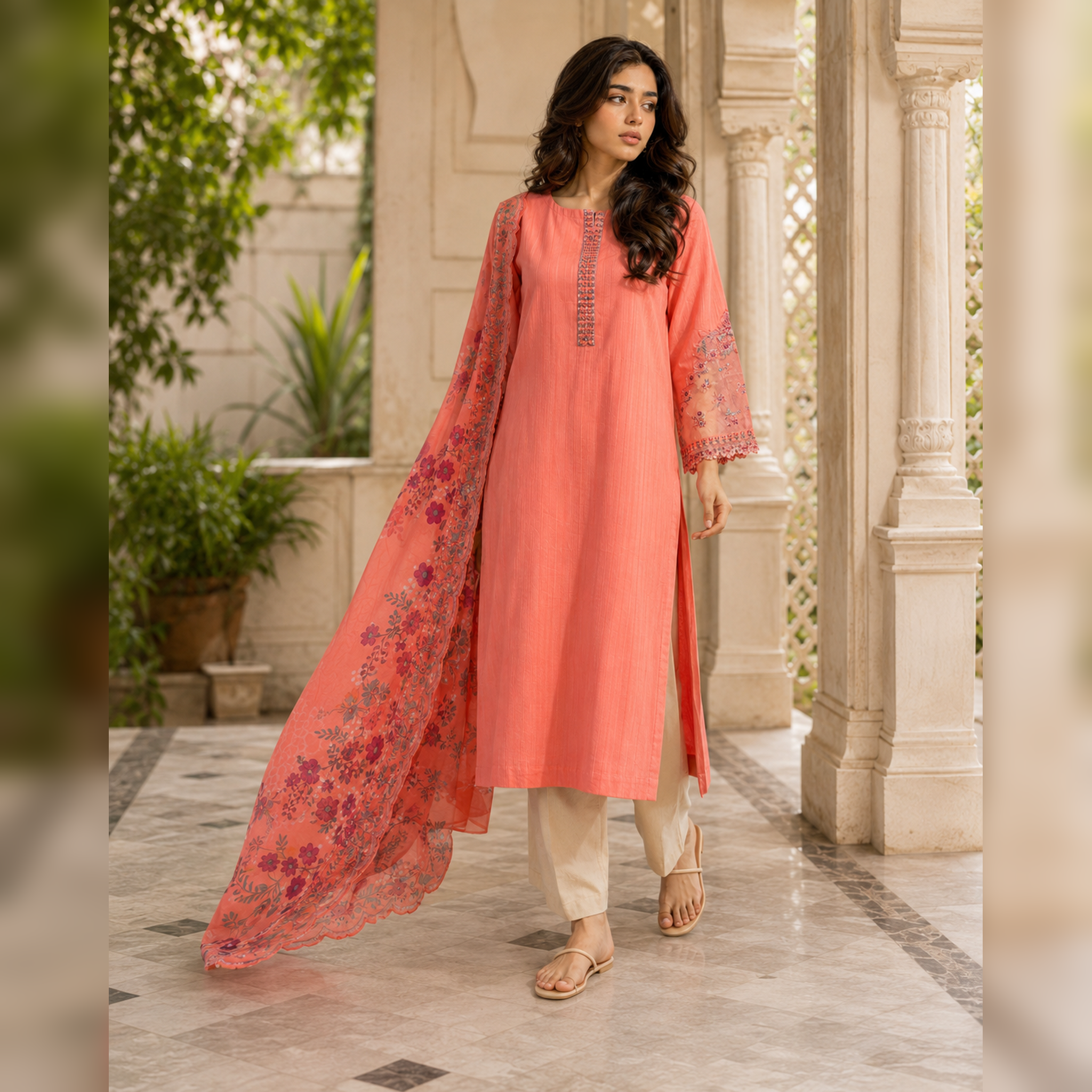 Gul-e-Sehar – Coral Embroidered Cotton 3-Piece Suit