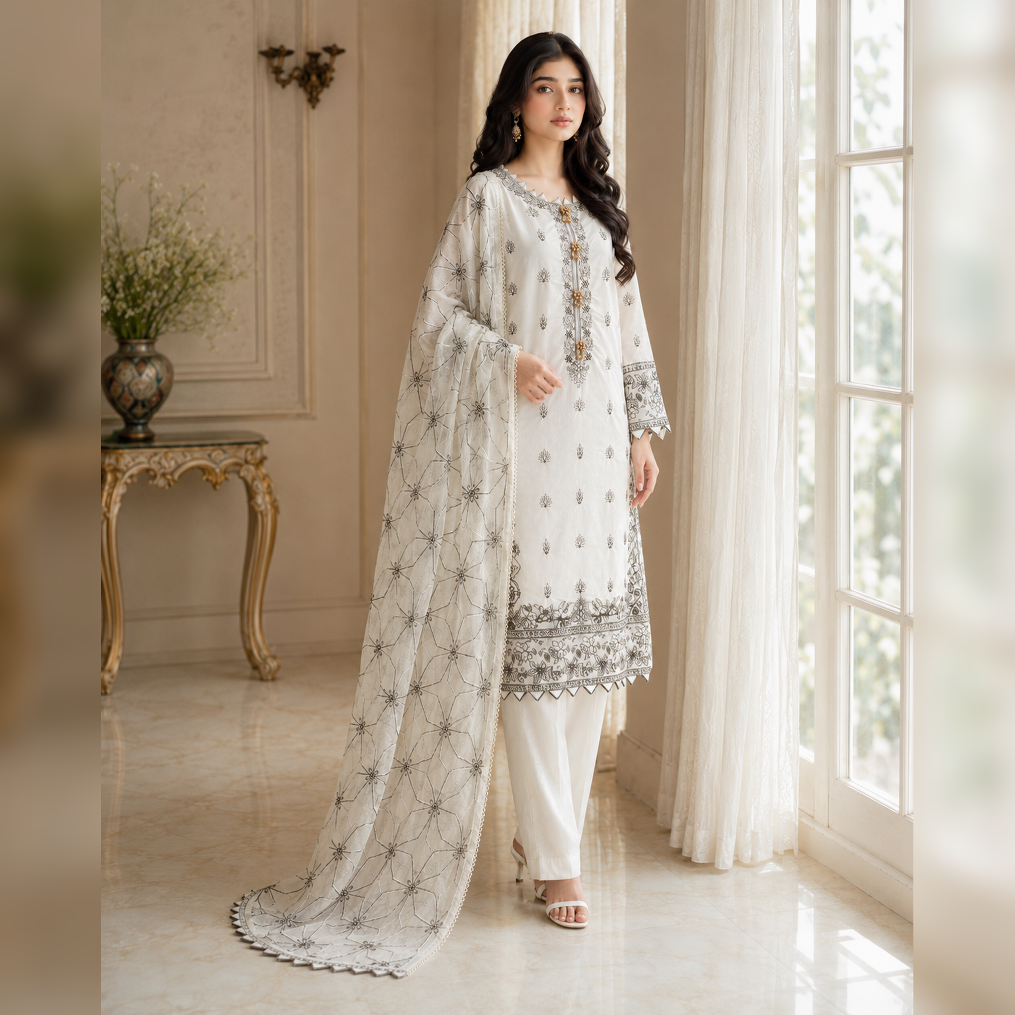 Zar-e-Noor Cotton Embroidered Party Wear Suit – 3 Piece