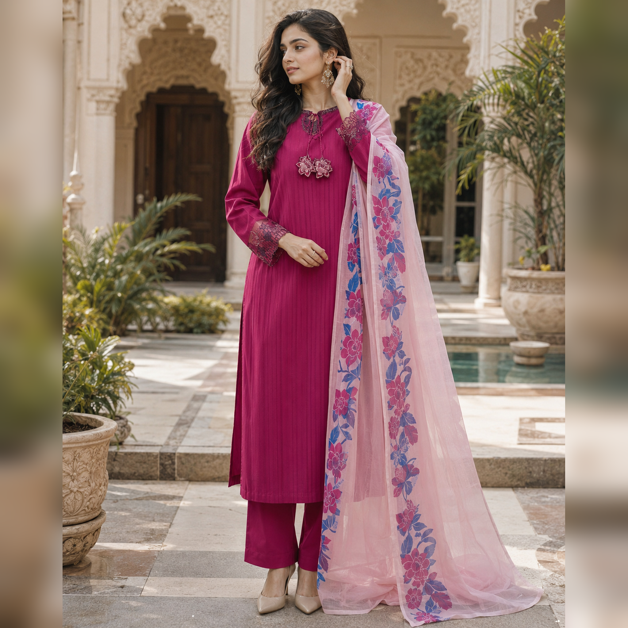 Gulnaar Rose – Magenta Embroidered Cotton 3-Piece Suit