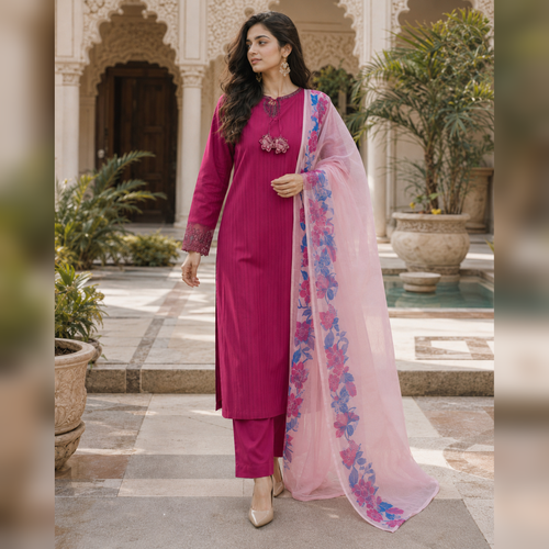 Gulnaar Rose – Magenta Embroidered Cotton 3-Piece Suit