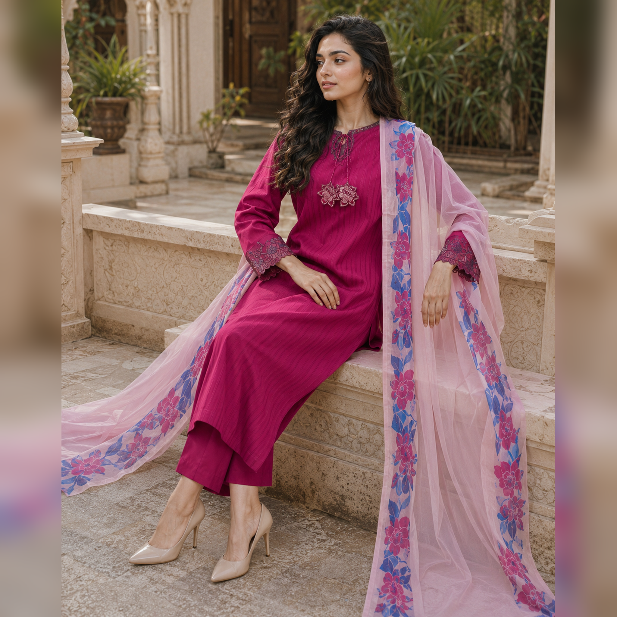 Gulnaar Rose – Magenta Embroidered Cotton 3-Piece Suit