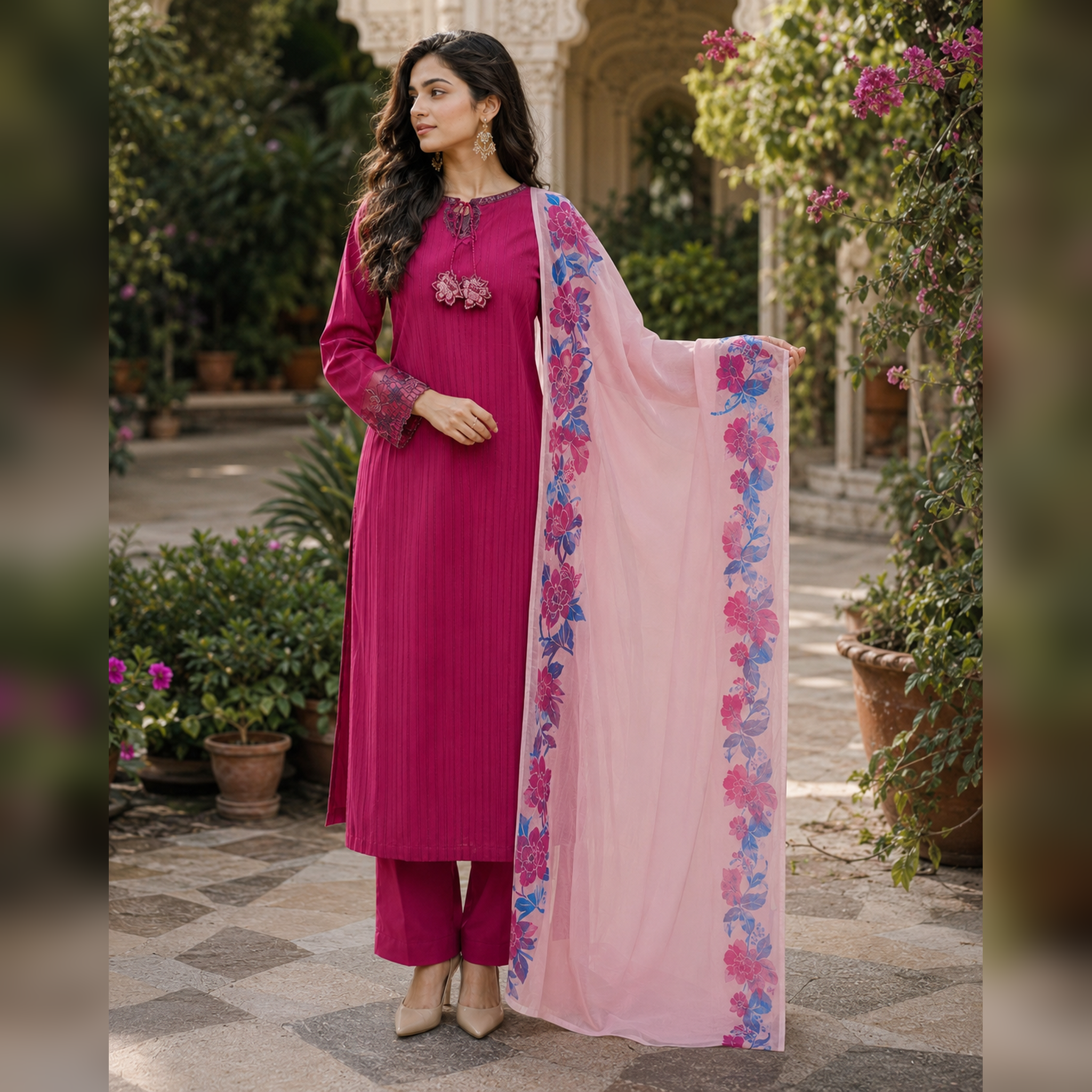 Gulnaar Rose – Magenta Embroidered Cotton 3-Piece Suit